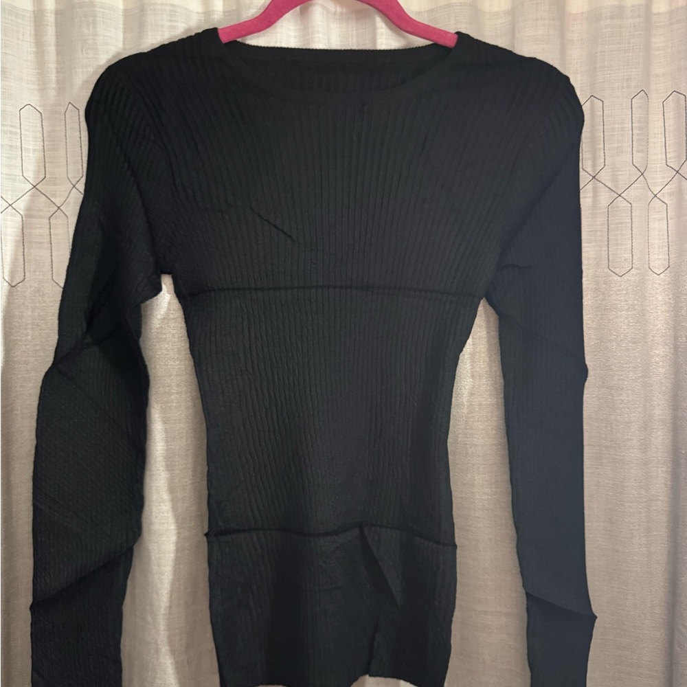Elegant Black Ribbed Women's Stretchy Long sleeve Top